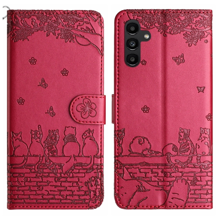 For Samsung Galaxy A15 5G Cat Embossing Pattern Leather Phone Case with Lanyard(Red)