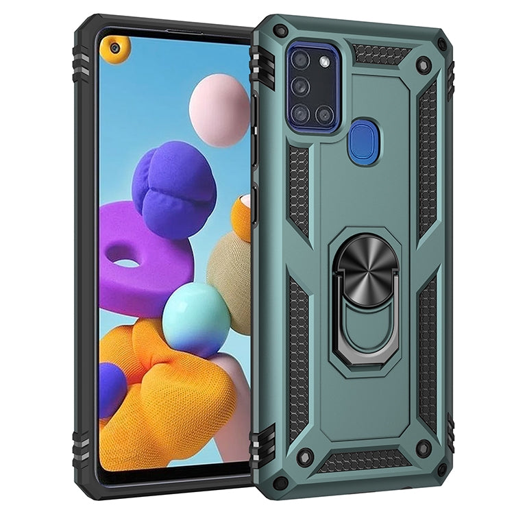 For Samsung Galaxy A21s Shockproof TPU + PC Protective Case with 360 Degree Rotating Holder(Dark Green)