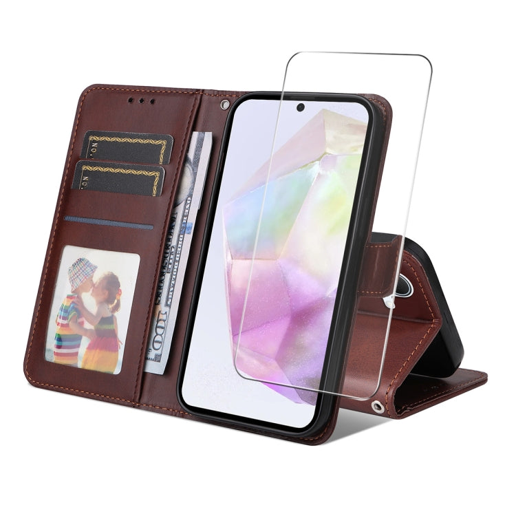 For Samsung Galaxy A36 ENKAY Card Wallet Calf Texture Leather Phone Case with Screen Film(Brown)