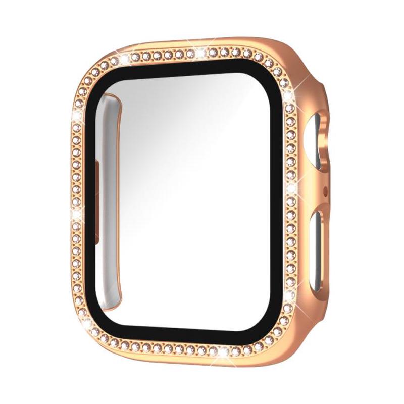 For Apple Watch Series 11 46mm / 10 46mm xDfind Single Row Diamond Tempered Glass Film Integrated PC Watch Cover(Rose Gold)