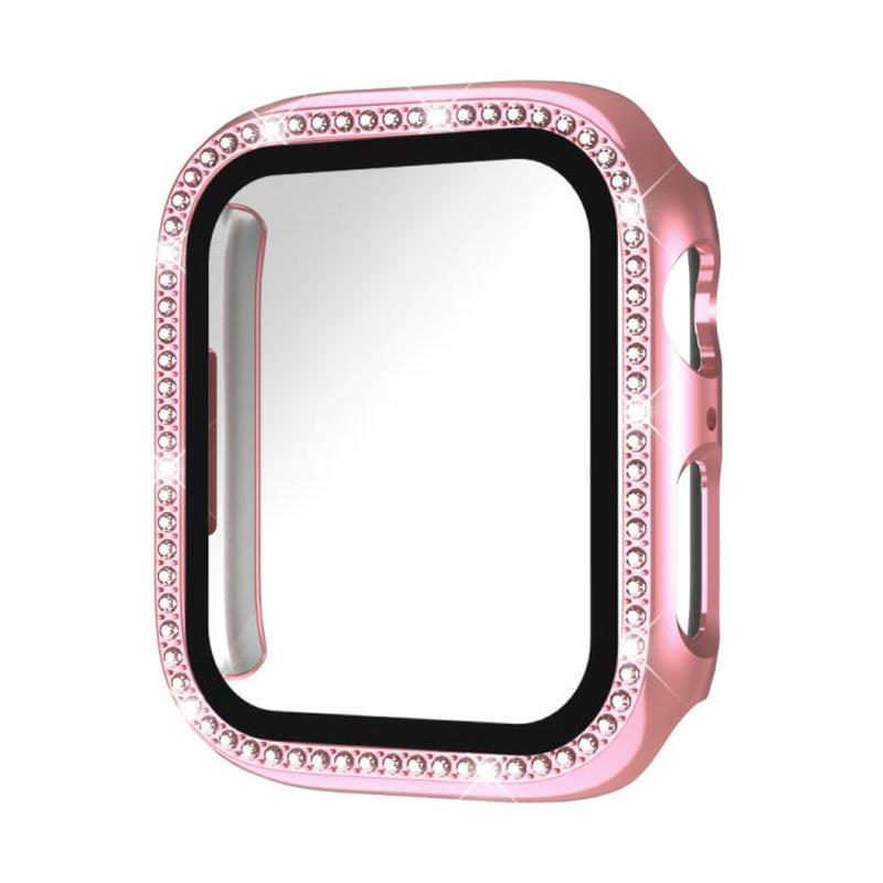 For Apple Watch Series 11 42mm / 10 42mm xDfind Single Row Diamond Tempered Glass Film Integrated PC Watch Cover(Pink)