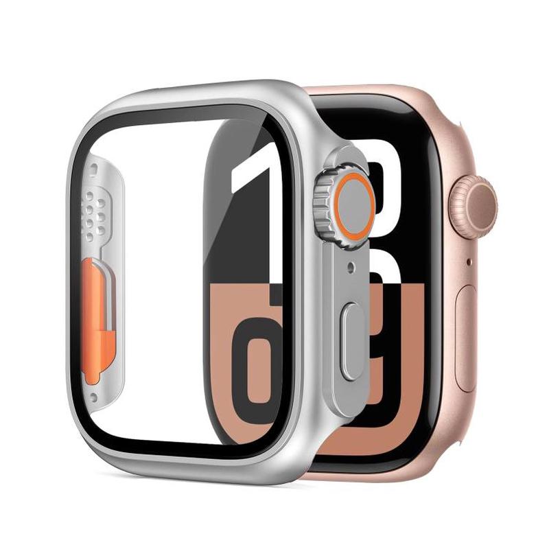 For Apple Watch Series 6 / 5 / 4 / SE 44mm xDfind Change to Ultra 49mm Tempered Glass Film Integrated PC Watch Cover(Silver+Orange)