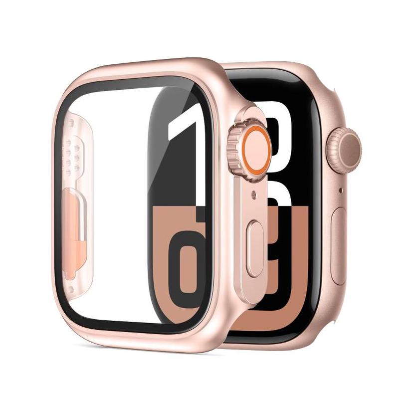 For Apple Watch Series 6 / 5 / 4 / SE 44mm xDfind Change to Ultra 49mm Tempered Glass Film Integrated PC Watch Cover(Rose Gold+Orange)