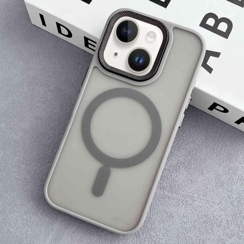 For iPhone 15 Diamond Lens Frame PC Hybrid TPU MagSafe Phone Case(Grey)