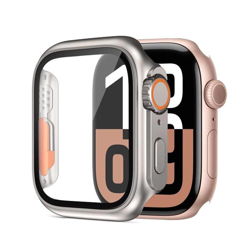 For Apple Watch Series 6 / 5 / 4 / SE 44mm xDfind Change to Ultra 49mm Tempered Glass Film Integrated PC Watch Cover(Titanium+Orange)