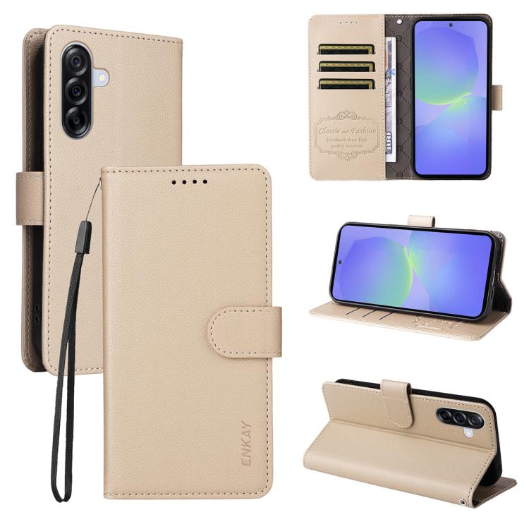 For Samsung Galaxy A36 5G / A36 5G JP ENKAY RFID Blocking Wallet Kickstand Litchi Texture Leather Phone Case(Beige)