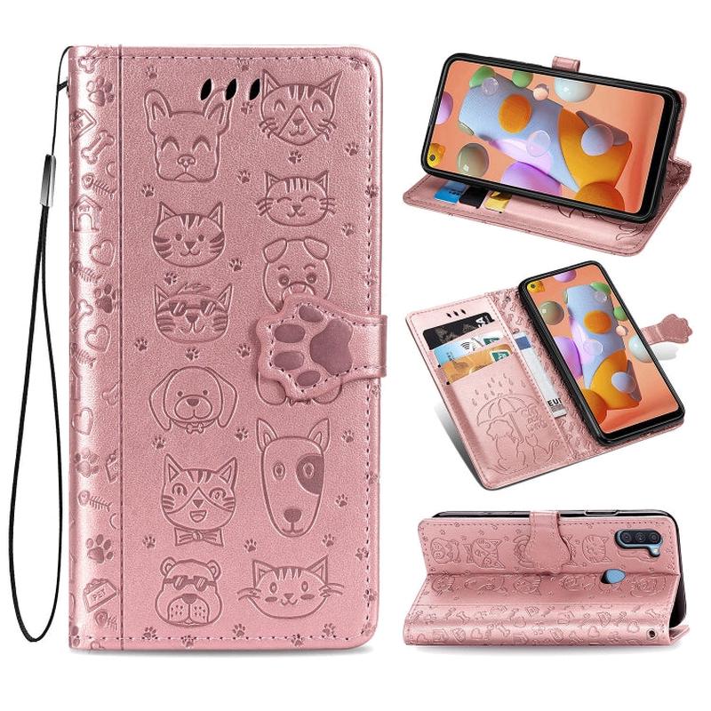For Galaxy M11 Cute Cat and Dog Embossed Horizontal Flip Leather Case with Bracket / Card Slot / Wallet / Lanyard(Rose Gold)