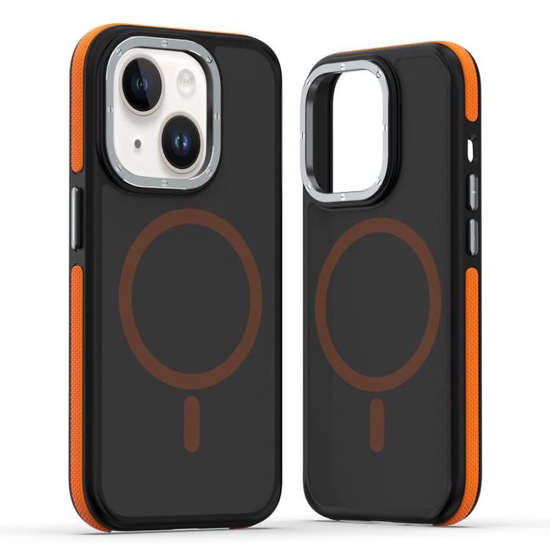 For iPhone 15 Dual-Color Skin Feel MagSafe Phone Case(Black Orange)