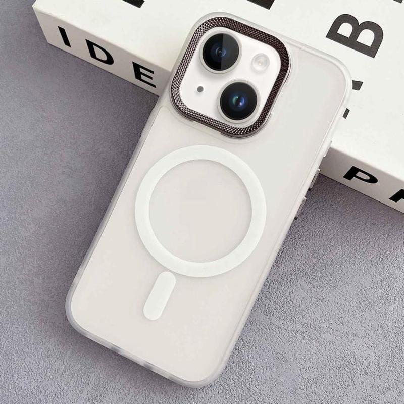 For iPhone 15 Diamond Lens Frame PC Hybrid TPU MagSafe Phone Case(White)