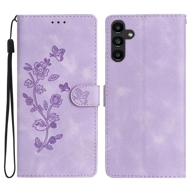 For Samsung Galaxy A16 5G Flower Butterfly Embossing Pattern Leather Phone Case(Purple)