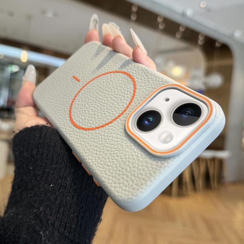 For iPhone 15 Thin Circle MagSafe Litchi Grain TPU Phone Case(Gray)