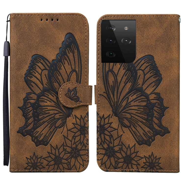 For Samsung Galaxy S21 Ultra 5G Retro Skin Feel Butterflies Embossing Horizontal Flip Leather Case with Holder & Card Slots & Wallet(Brown)