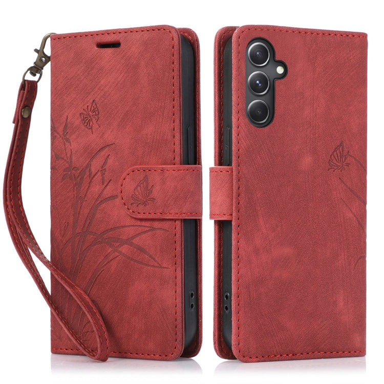 For Samsung Galaxy A14 4G / 5G Orchid Butterfly Embossed Leather Phone Case(Red)