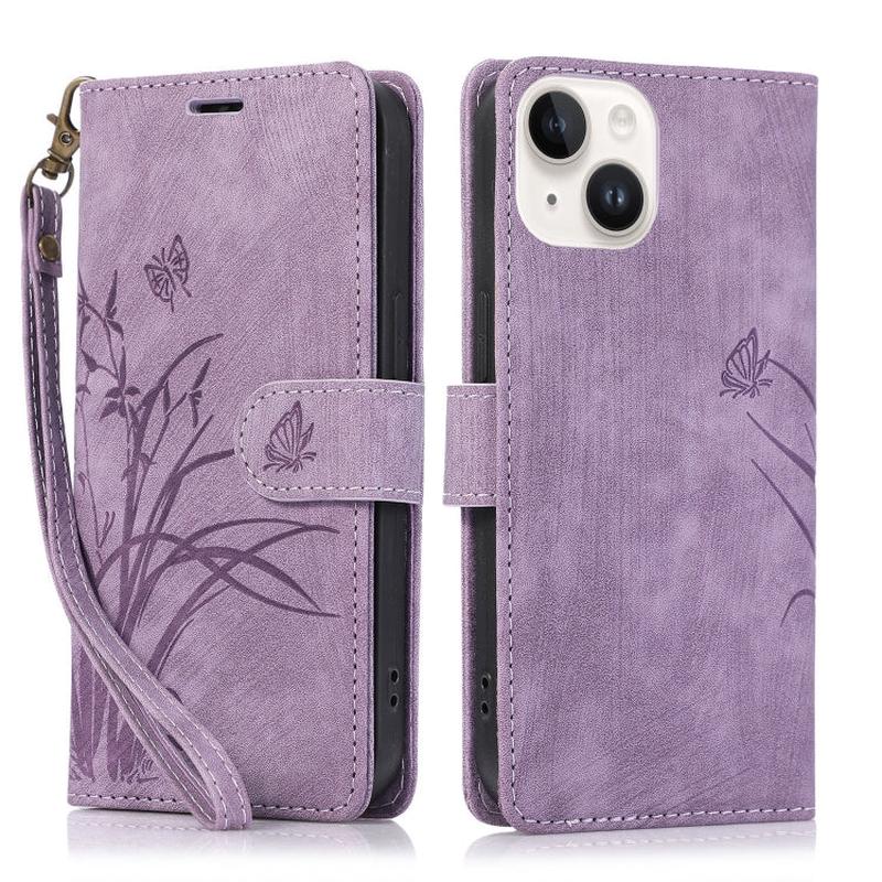 For iPhone 15 Orchid Butterfly Embossed Leather Phone Case(Purple)