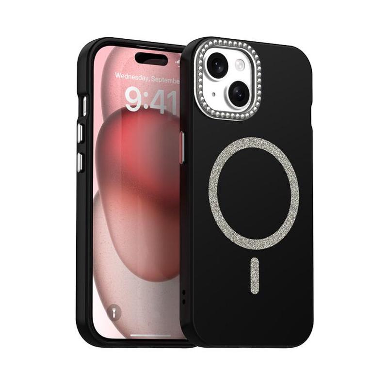 For iPhone 15 Glitter Rhinestones Series Magsafe PC Hybrid TPU Phone Case(Black)