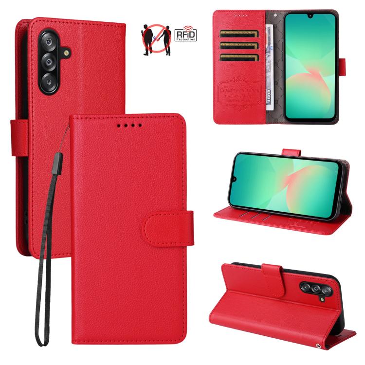 For Samsung Galaxy A16 4G / 5G / A26 Litchi Texture RFID Blocking 3-Card Wallet Leather Phone Case(Red)