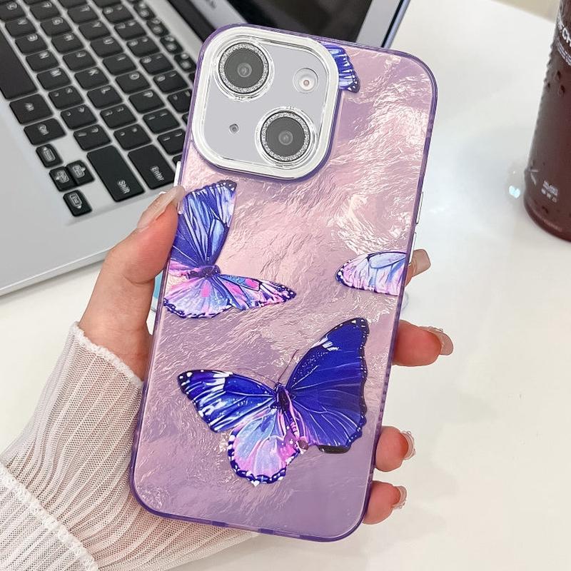 For iPhone 15 Plating Texture Butterfly TPU Phone Case with Glitter Lens Film(Purple Butterflies HU4)