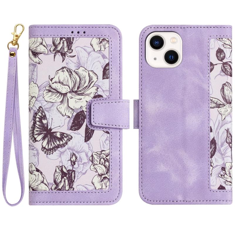 For iPhone 15 Floral Pattern Leather Phone Case with Lanyard(Light Purple)
