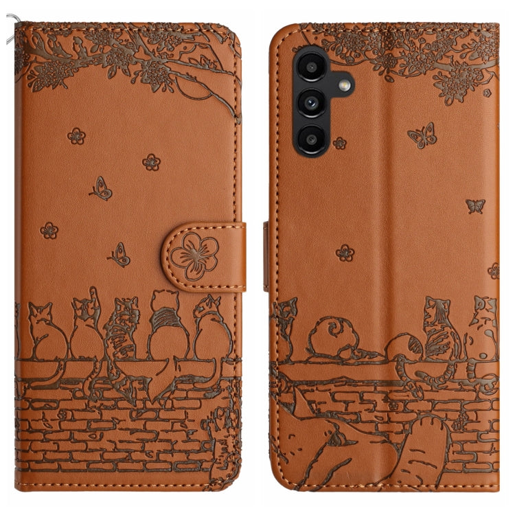 For Samsung Galaxy A15 5G Cat Embossing Pattern Leather Phone Case with Lanyard(Brown)