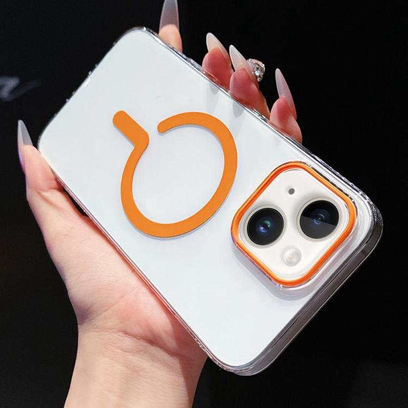 For iPhone 15 High Transparency PC MagSafe Phone Case(Orange)
