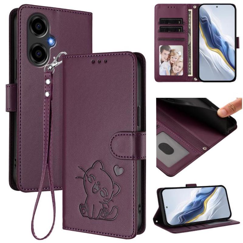 For BLU G64 Embossed Heart Cat Leather Phone Case with Hand Strap(Dark Purple)
