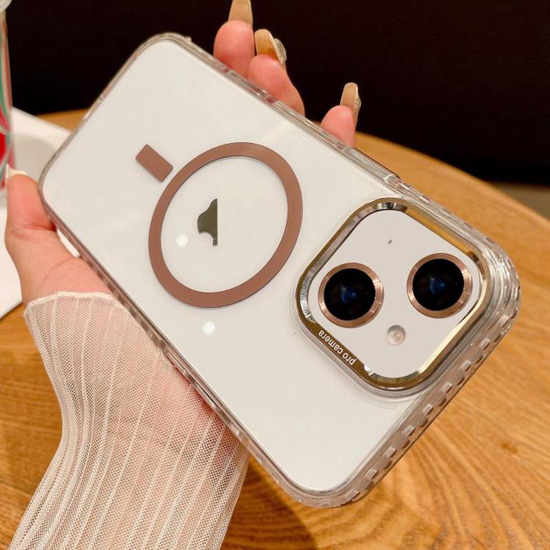 For iPhone 15 Transparent MagSafe Phone Case with Lens Film(Titanium Gold)