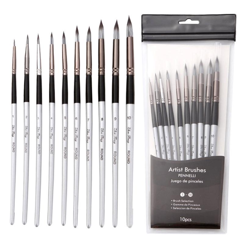 10 In 1 Nylon Hair Watercolor Paint Brush Set Wooden Handle Round Pointed Acrylic Painting Pens(Silver Black)