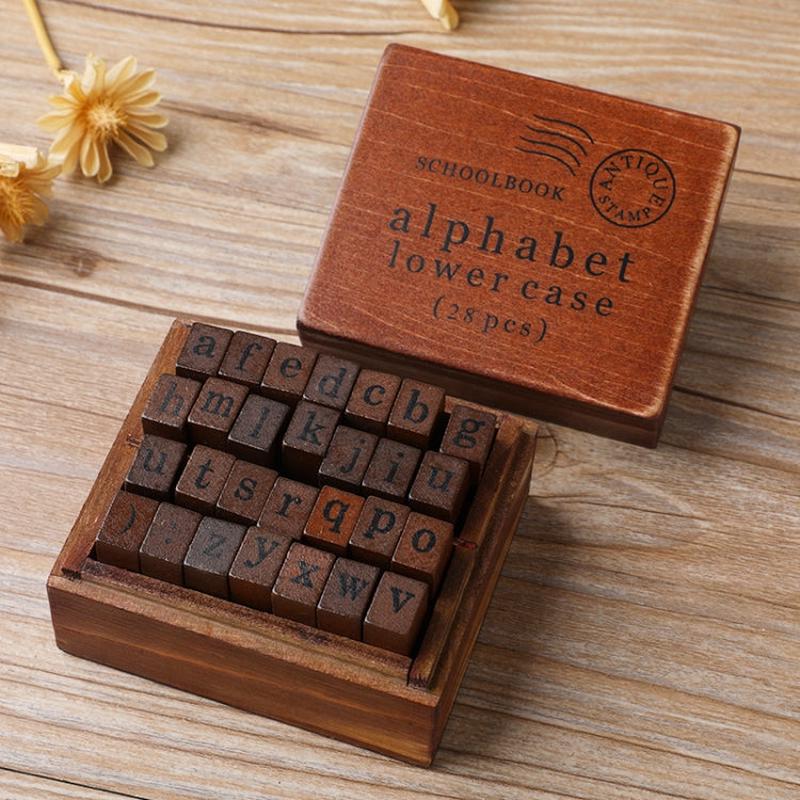E13 28PCS/Set Vintage Wooden Alphabet and Number Diary Handbook DIY Stamps(Regular Lowercase)