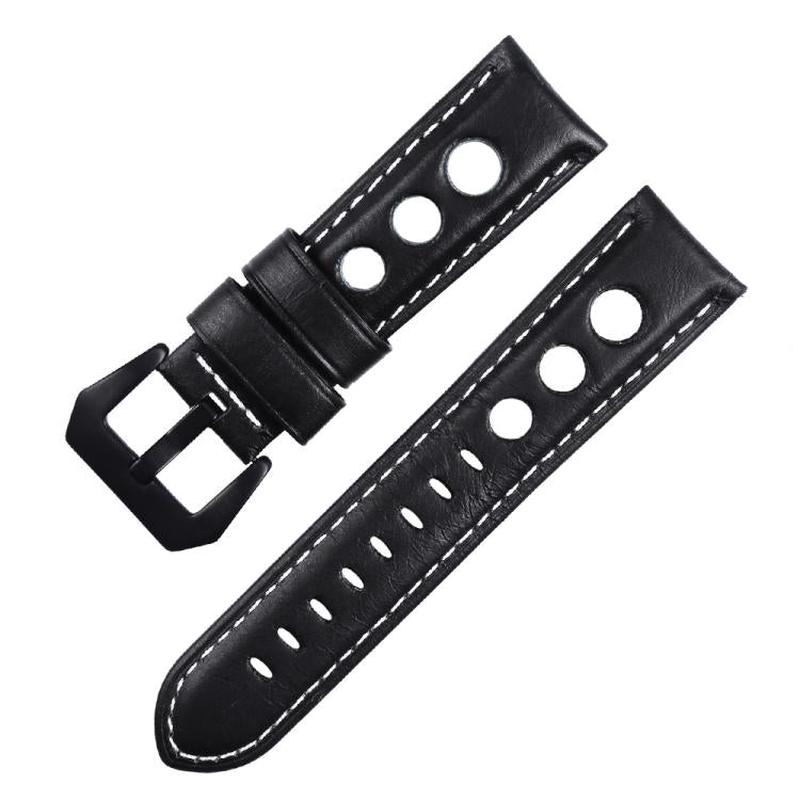 24mm xDfind Three-hole Breathable Genuine Leather Watch Band(Black)