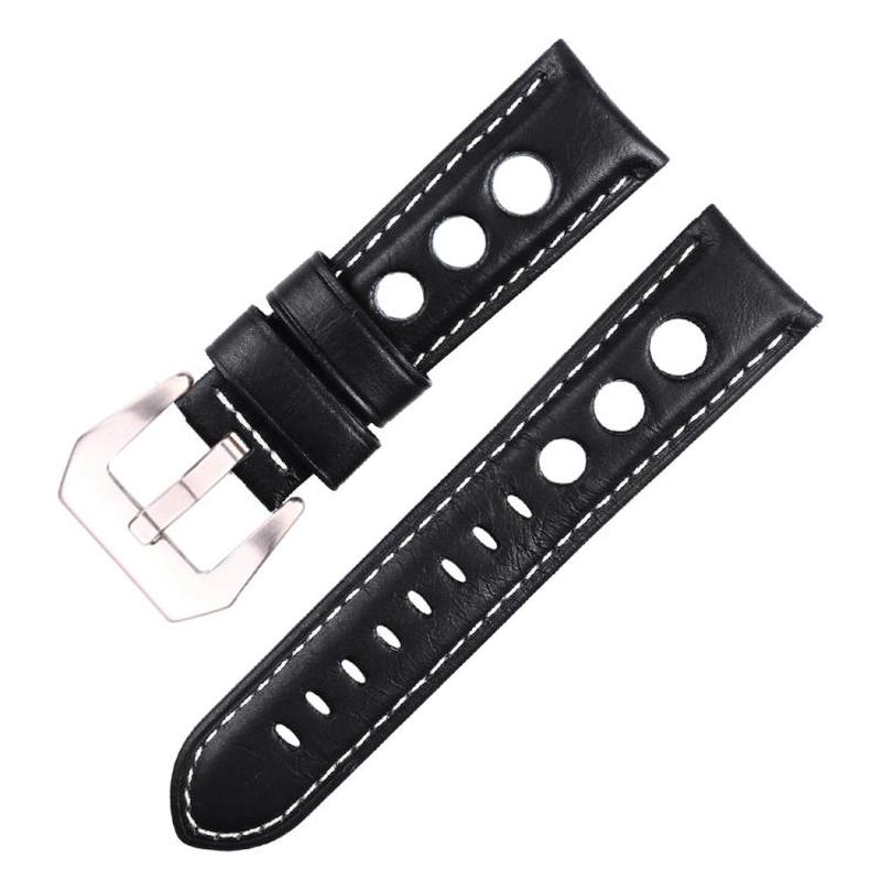 24mm xDfind Silver Buckle Three-hole Breathable Genuine Leather Watch Band(Black)