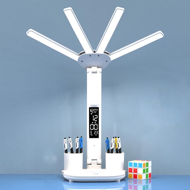 4-head Desk Lamp Foldable Reading Lamp 3-gear Color Adjustment, Spec: Plug-in Clock Model