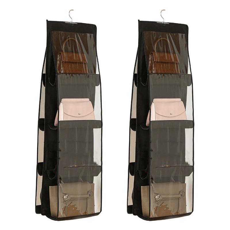 2pcs Double Sided Transparent Storage Bag Bedroom Wardrobe Storage Dustproof Hanging Bag Black 8 Grid