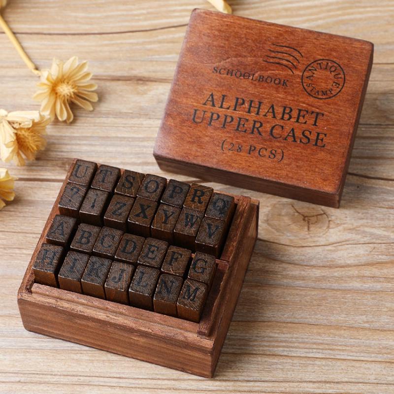 E13 28PCS/Set Vintage Wooden Alphabet and Number Diary Handbook DIY Stamps(Regular Capital)