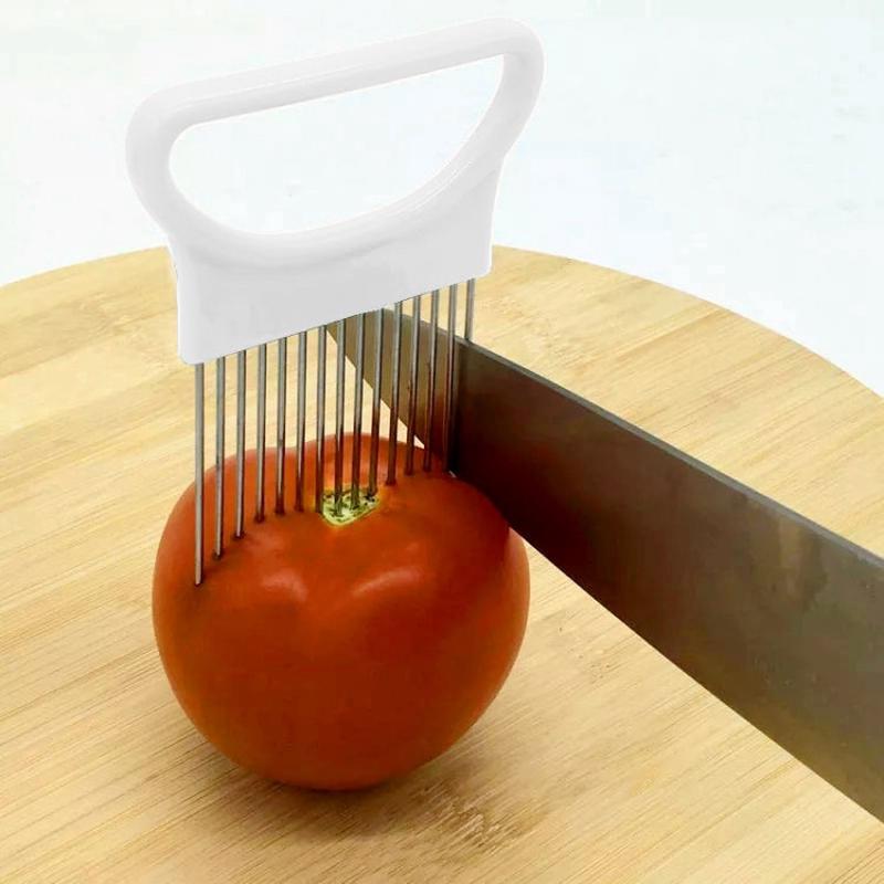 Stainless Steel Vegetable Onion Cutter Holder Meat Needle Kitchen Tools(White)