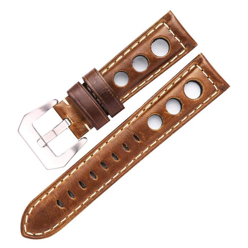 24mm xDfind Silver Buckle Three-hole Breathable Genuine Leather Watch Band(Light Brown)