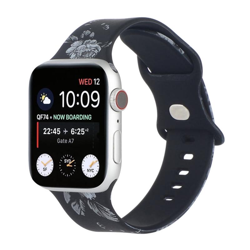 8-buckle Printed Strap Watch Band For Apple Watch Ultra 49mm&Watch Ultra 2 49mm / Series 9&8&7 45mm / SE 3&SE 2&6&SE&5&4 44mm / 3&2&1 42mm(Black Background White Flower)