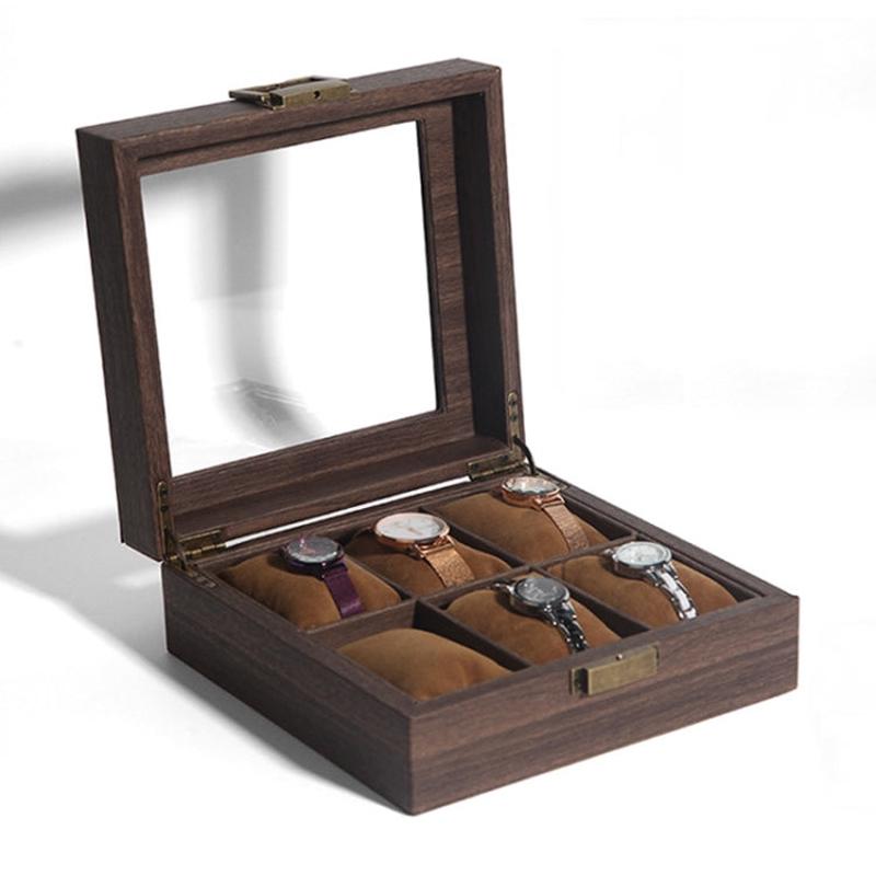 Wood Grain Leather Watch Display Box Watch Storage Case Jewelry Box, Style: 6 Digit Square