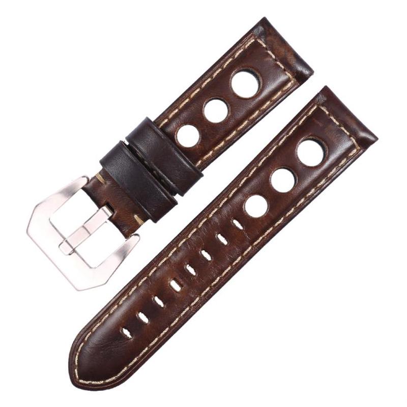 24mm xDfind Silver Buckle Three-hole Breathable Genuine Leather Watch Band(Dark Brown)