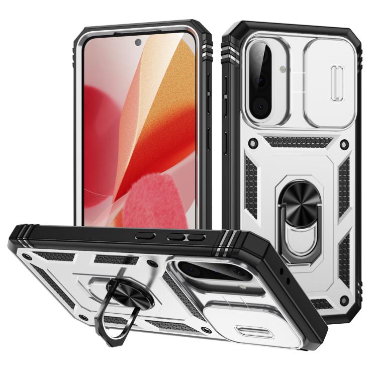 For Samsung Galaxy A56 5G Sliding Camshield TPU + PC Phone Case with Holder(White+Black)