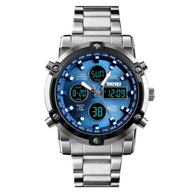 SKMEI 1389 Multifunctional Men Business Digital Watch 30m Waterproof Large Dial Wrist Watch with Stainless Steel Watchband (Blue)