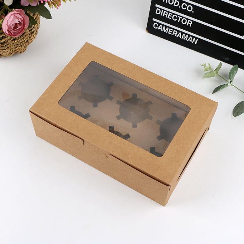 25 PCS Window Cupcake Packaging Box Muffin Cake Box With Inner Support, Specification: 6 In One (Kraft Paper)