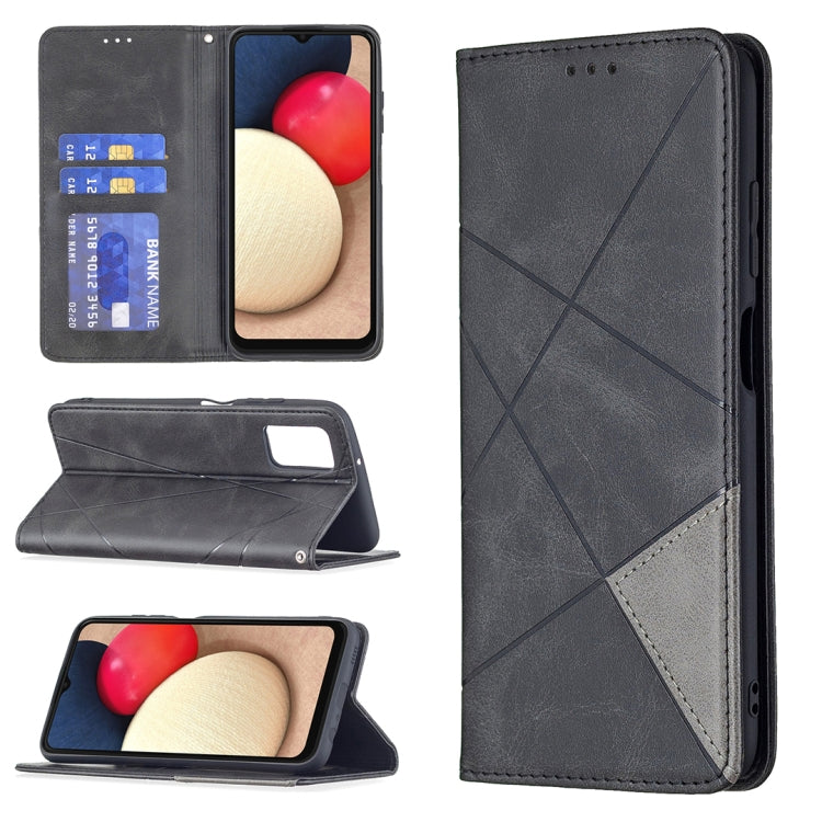 For Samsung Galaxy A03s 164mm Rhombus Texture Horizontal Flip Magnetic Leather Case with Holder & Card Slots(Black)