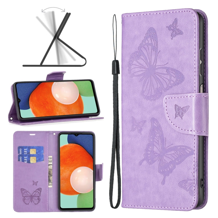For Samsung Galaxy A13 4G Two Butterflies Embossing Leather Phone Case(Purple)