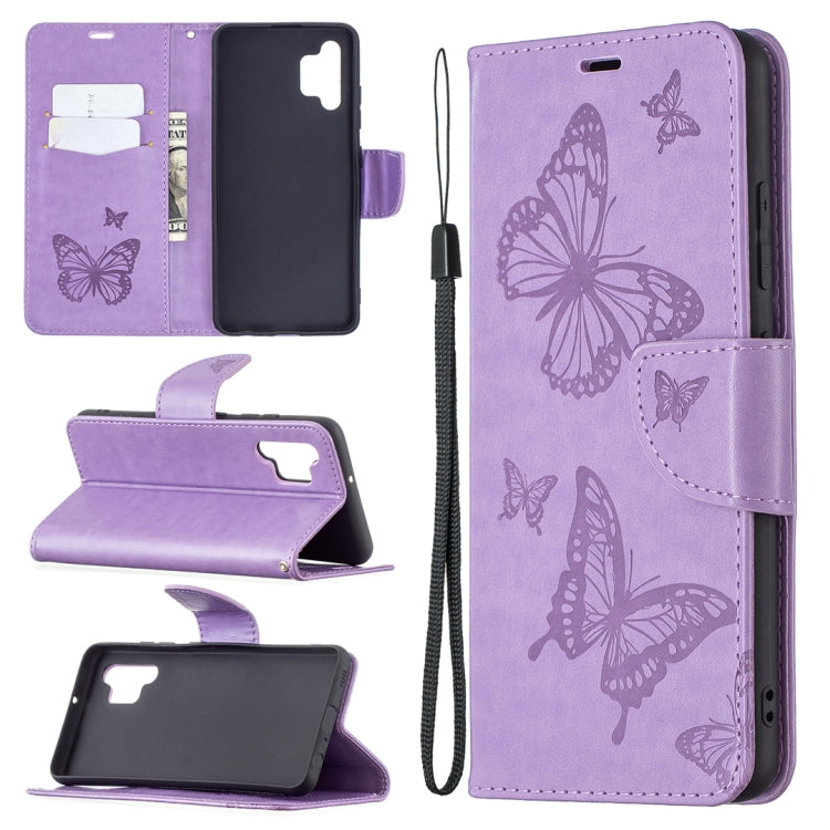 For Samsung Galaxy A32 4G Two Butterflies Embossing Pattern Horizontal Flip Leather Case with Holder & Card Slot & Wallet & Lanyard(Purple)