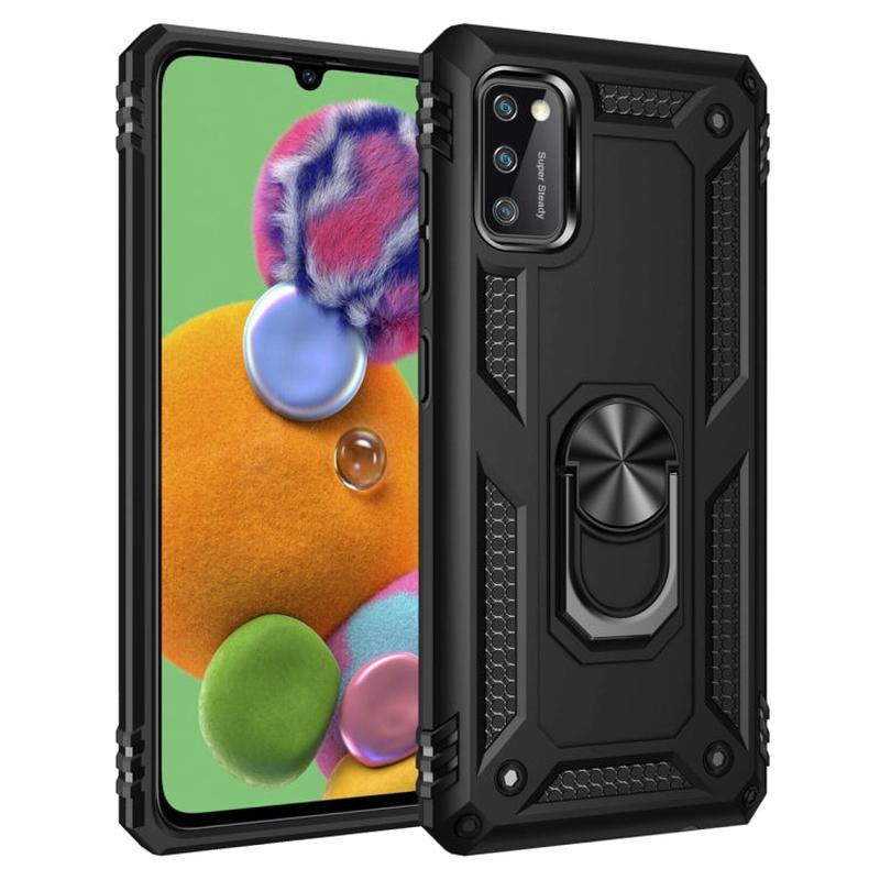 For Galaxy A41 Shockproof TPU + PC Protective Case with 360 Degree Rotating Holder(Black)
