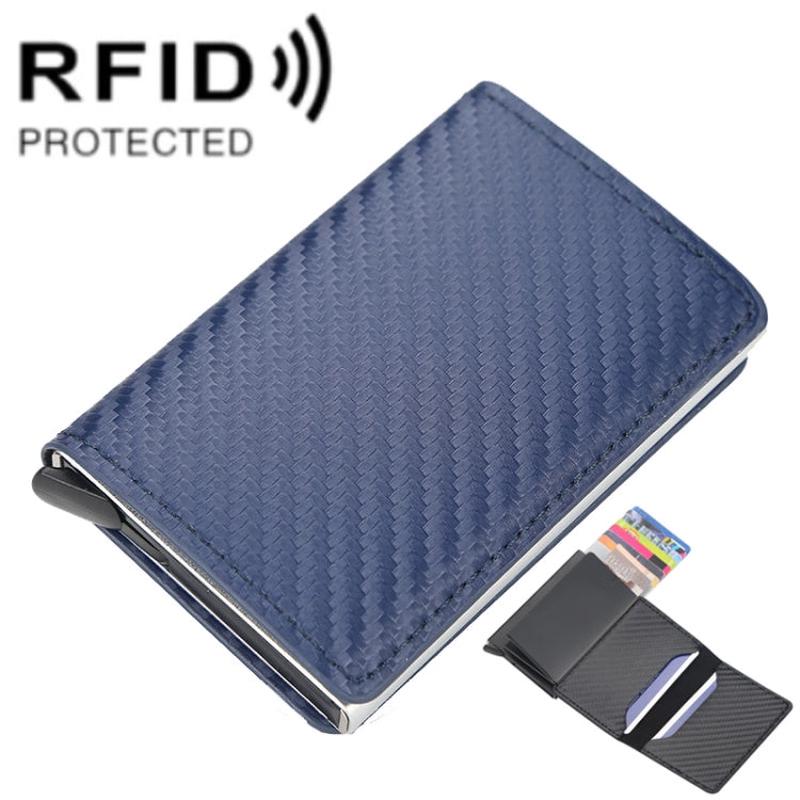 Baellerry RFID Anti-theft Plaid Leather Wallet Metal Aluminum Box Automatic Eject Type Card Holder(Blue)