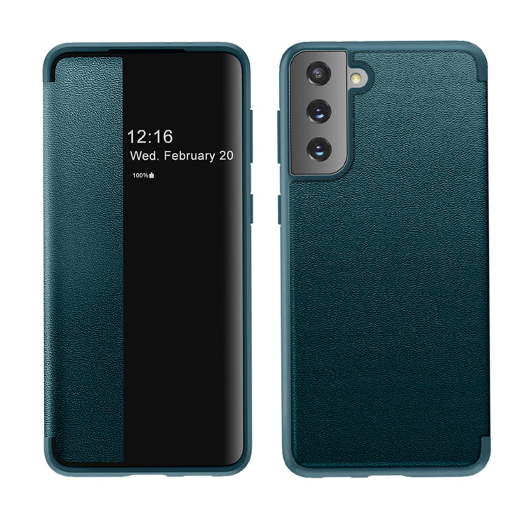 For Samsung Galaxy S21+ 5G Magnetic Side Window View Shockproof Horizontal Flip Leather Case(Green)