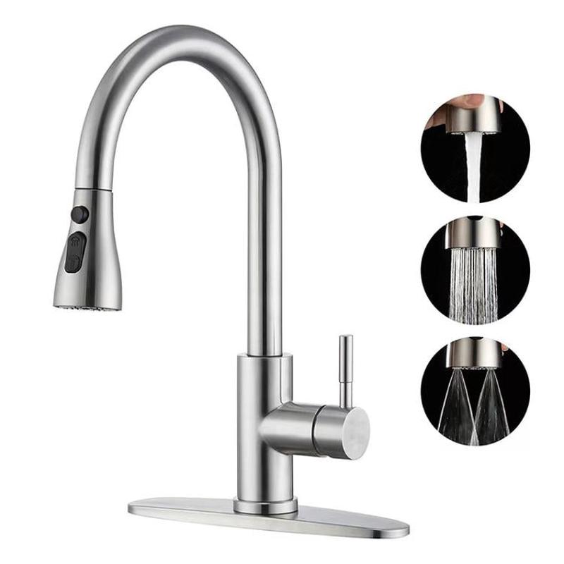 Pull-Out 3 Modes Kitchen Faucet Hot/Cold Water Mixer Tap With Base(Brushed Silver)