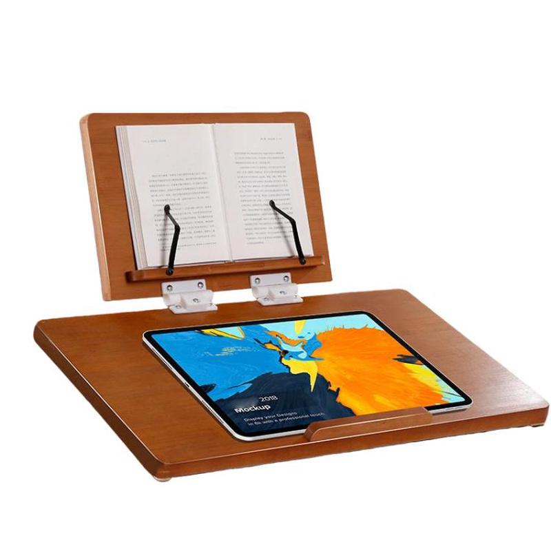 2-Tier Bamboo Reading Stand Tablet Holder, 6-Level Height Adjustable Book Rest & Laptop Riser 65x36cm Brown