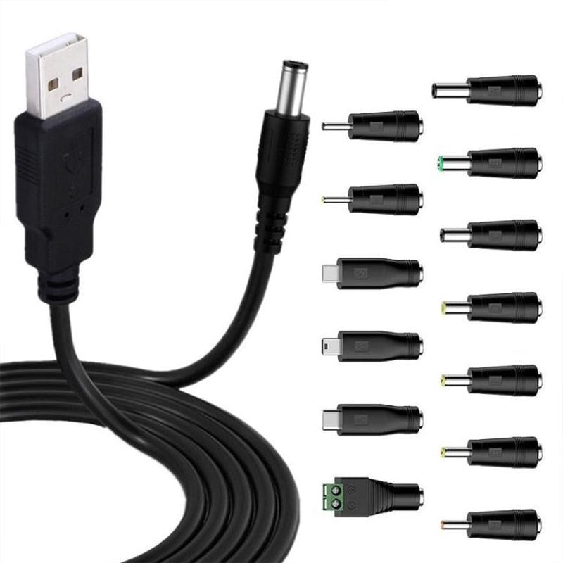 1.5m USB to DC5.5x2.1mm Male Power Cord with 13pcs Converter(Black)